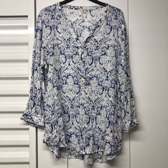 Grand & Greene Blue White Geometric Button-Up Blouse, Size XL - Picture 1 of 7